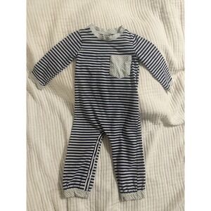 Smock It Like Its Hot Boys 24M Striped Romper Longall Navy White Polka Dot Trim